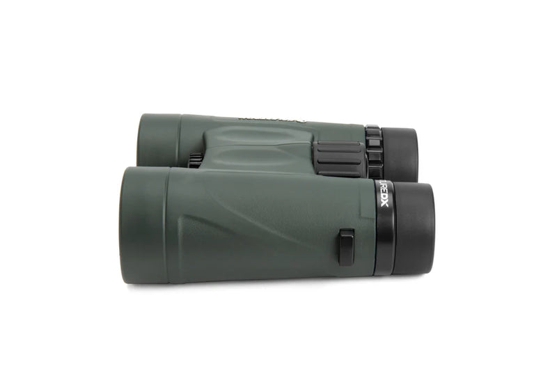 Celestron Nature DX 8x42 black roof binoculars showing the compact design and textured grip for outdoor wildlife viewing.