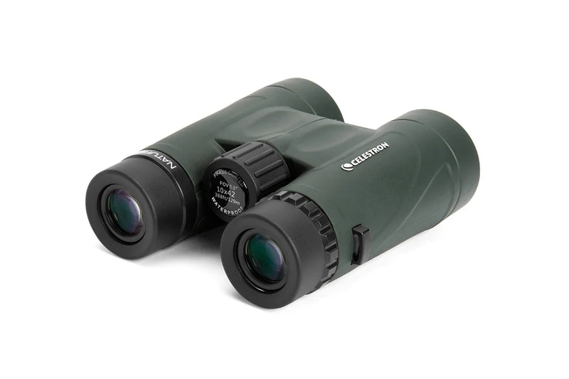 Celestron Nature DX 10x42 roof binoculars with black body and textured grip, ideal for outdoor nature observation.