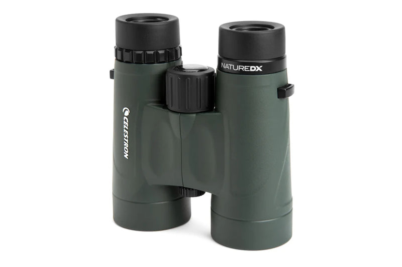 Celestron Nature DX 10x42 waterproof roof binoculars with durable black body and large objective lenses for outdoor wildlife viewing.