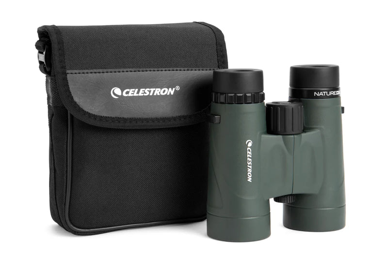 Celestron Nature DX 10x42 roof binoculars with black body, large lenses, and textured grip for outdoor wildlife viewing.