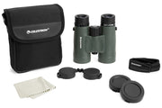 Celestron Nature DX 10x42 roof binoculars with black body and textured grip, showing the lens and eyepiece.