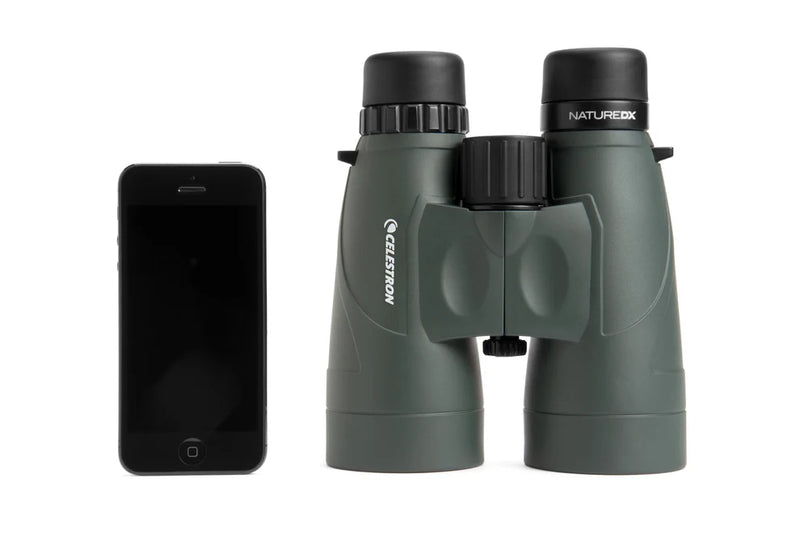Celestron Nature DX 12x56 roof binoculars with large lenses, black rubber armor, and textured grip for outdoor birdwatching.