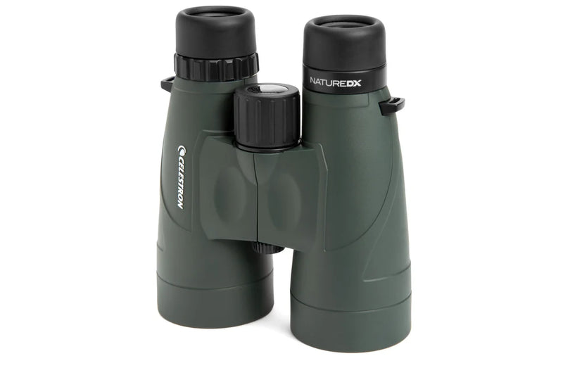 Celestron Nature DX 12x56 roof binoculars with large lenses and textured grip for outdoor bird watching and nature observation.