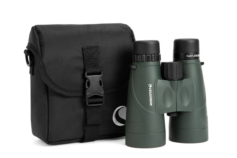 Celestron Nature DX 12x56 roof binoculars showing large objective lenses and ergonomic rubberized body for outdoor wildlife viewing.