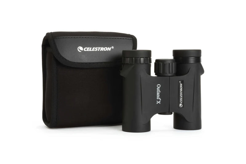 Celestron Outland X 8x25 roof binoculars in black carrying case with protective cover and compact design for outdoor viewing.