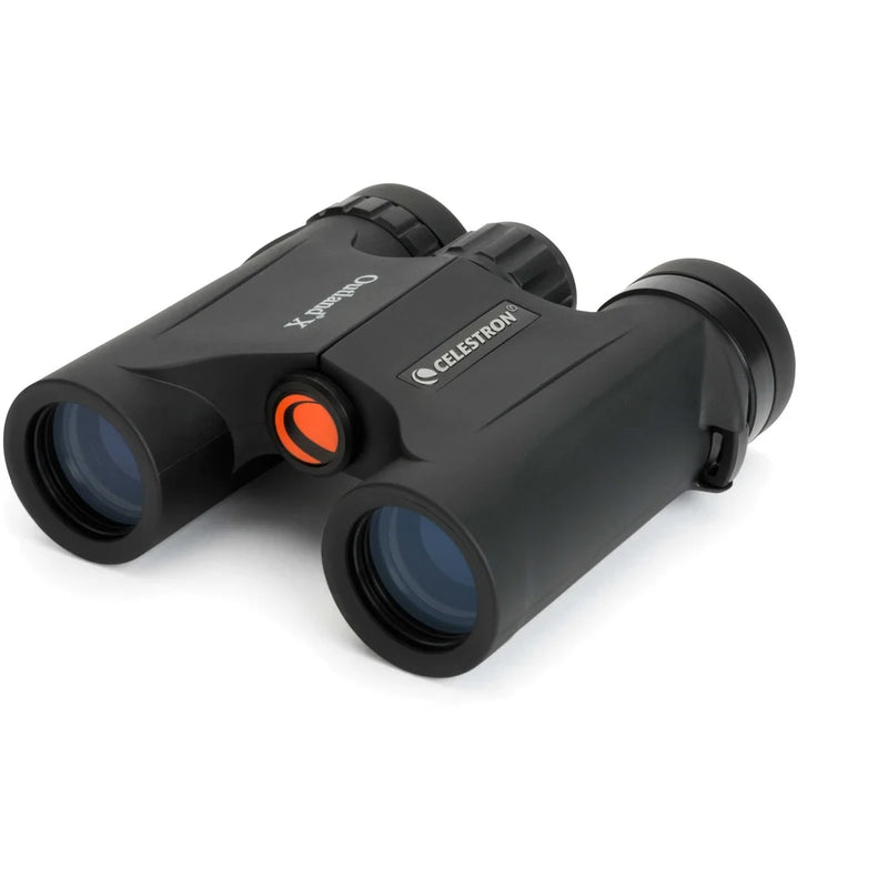 Celestron Outland X 8x25 roof binoculars showing front view with lens and compact design for outdoor viewing.