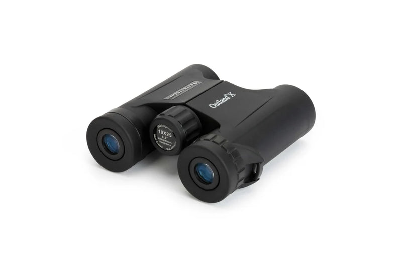Celestron Outland X 10x25 roof binoculars showing compact design, black body, and adjustable eyepieces for clear outdoor viewing.