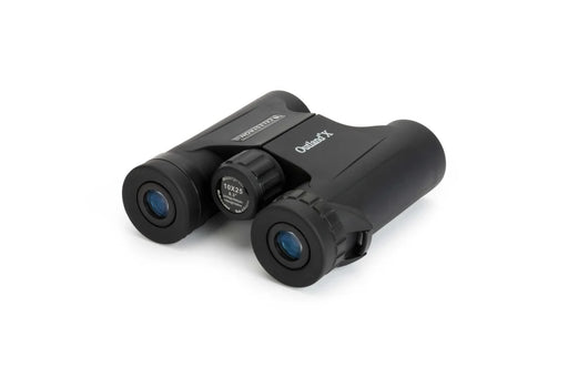 Celestron Outland X 10x25 roof binoculars showing compact design, black body, and adjustable eyepieces for clear outdoor viewing.