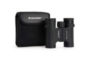 Celestron Outland X 10x25 roof binoculars showing compact black design with rubber armor for grip and durability.