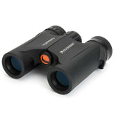 Celestron Outland X 10x25 roof binoculars showing the front view with compact design and textured grip for outdoor use.