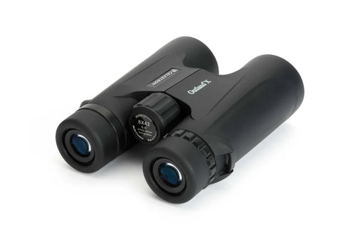 Celestron Outland X 8x42 roof binoculars showing the back view with eyepieces and focus wheel, designed for outdoor observation.