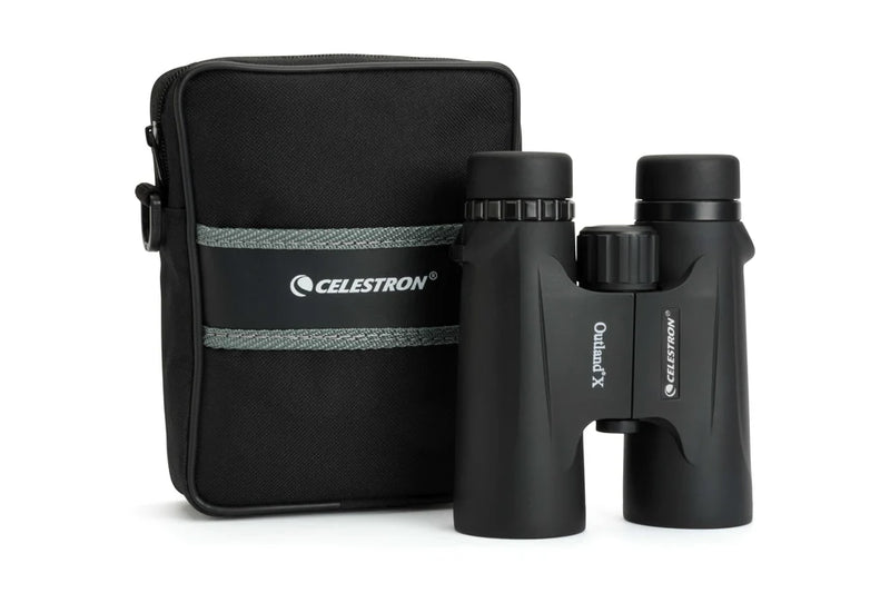 Celestron Outland X 8x42 roof binoculars in a protective carrying case, featuring durable design and clear optics for outdoor viewing.