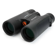 Celestron Outland X 8x42 roof binoculars with black body and textured grip, front view showing eyepieces and objective lenses