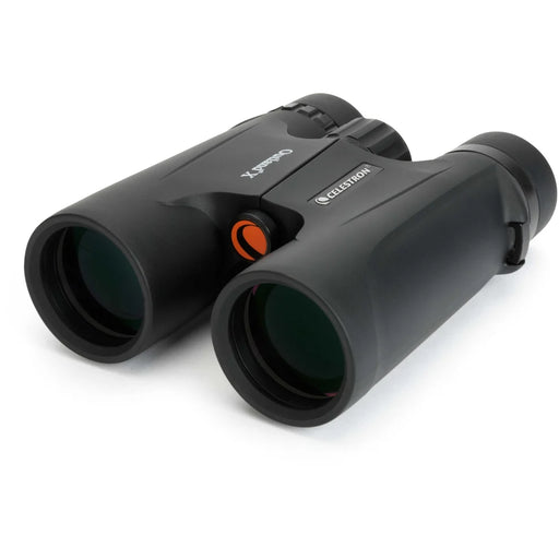 Celestron Outland X 8x42 roof binoculars with black body and textured grip, front view showing eyepieces and objective lenses