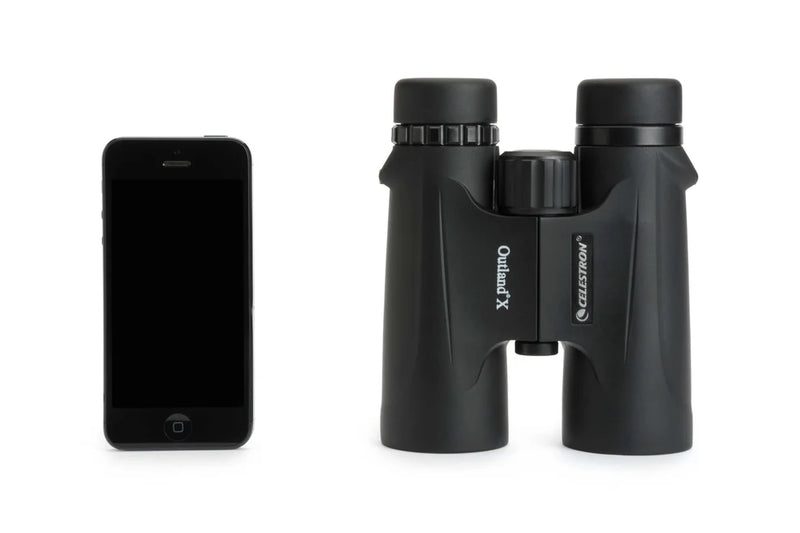 Celestron Outland X 8x42 roof binoculars with black rubber armor and large objective lenses, suitable for outdoor wildlife viewing.