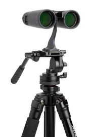 Celestron Outland X 8x42 roof binoculars mounted on a tripod, showing their compact design and durable build for outdoor viewing.