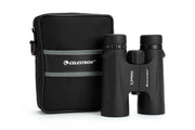Celestron Outland X 10x42 roof binoculars with protective case, showcasing their compact design and durable build.