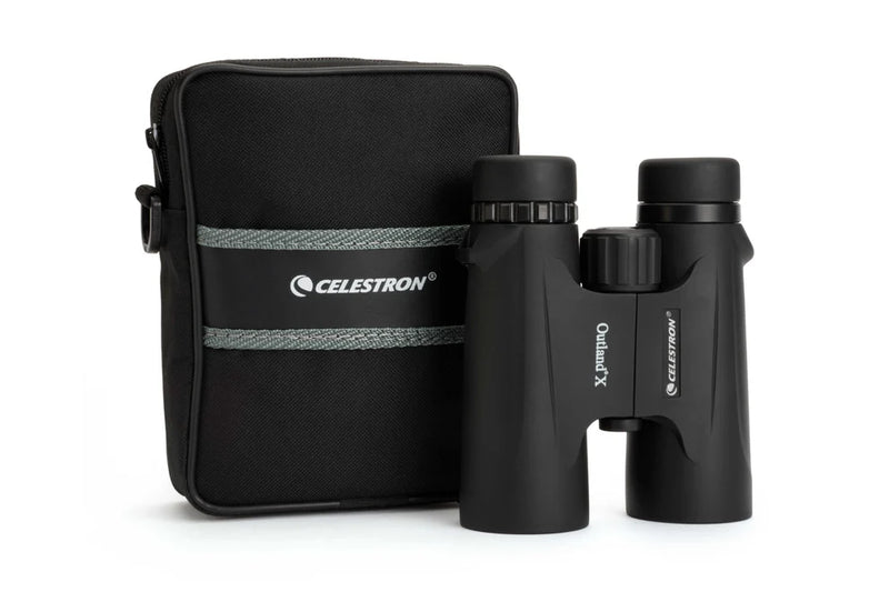 Celestron Outland X 10x42 roof binoculars with protective case, showcasing their compact design and durable build.