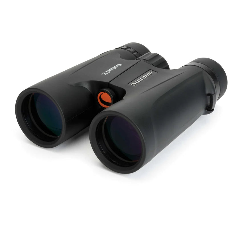 Celestron Outland X 10x42 roof binoculars with black body and textured grip, viewed from the front showing lenses and branding.