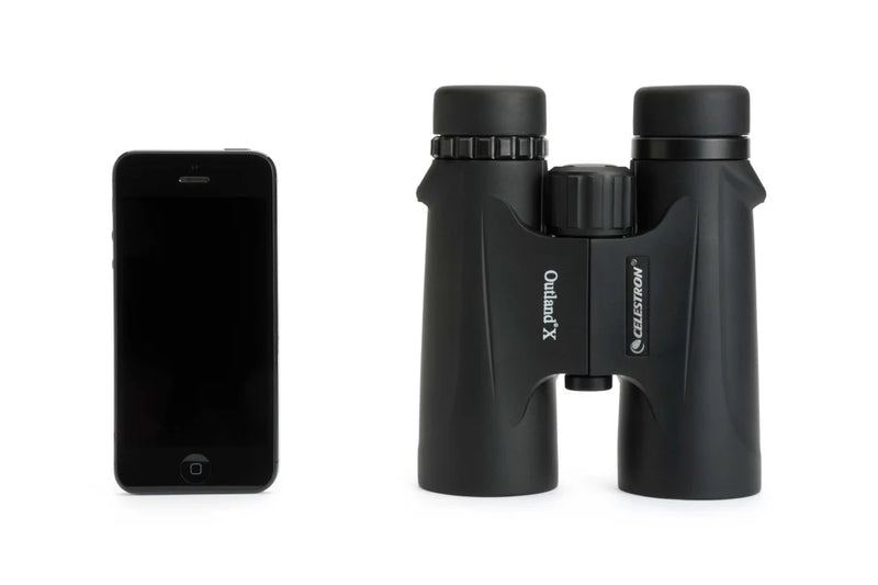 Celestron Outland X 10x42 roof binoculars with black body and textured grip, designed for outdoor viewing.