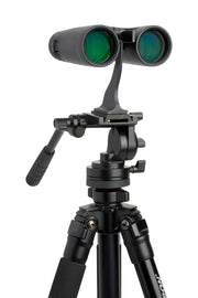 Celestron Outland X 10x42 roof binoculars mounted on a tripod, featuring a black body and large objective lenses for outdoor viewing.