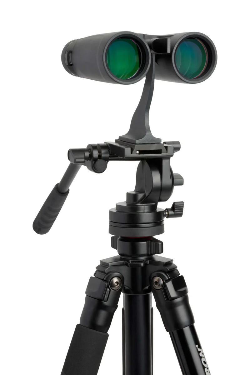 Celestron Outland X 10x42 roof binoculars mounted on a tripod, featuring a black body and large objective lenses for outdoor viewing.