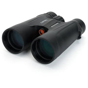 Celestron Outland X 10x50 roof binoculars showing large objective lenses and rugged black body for outdoor viewing.