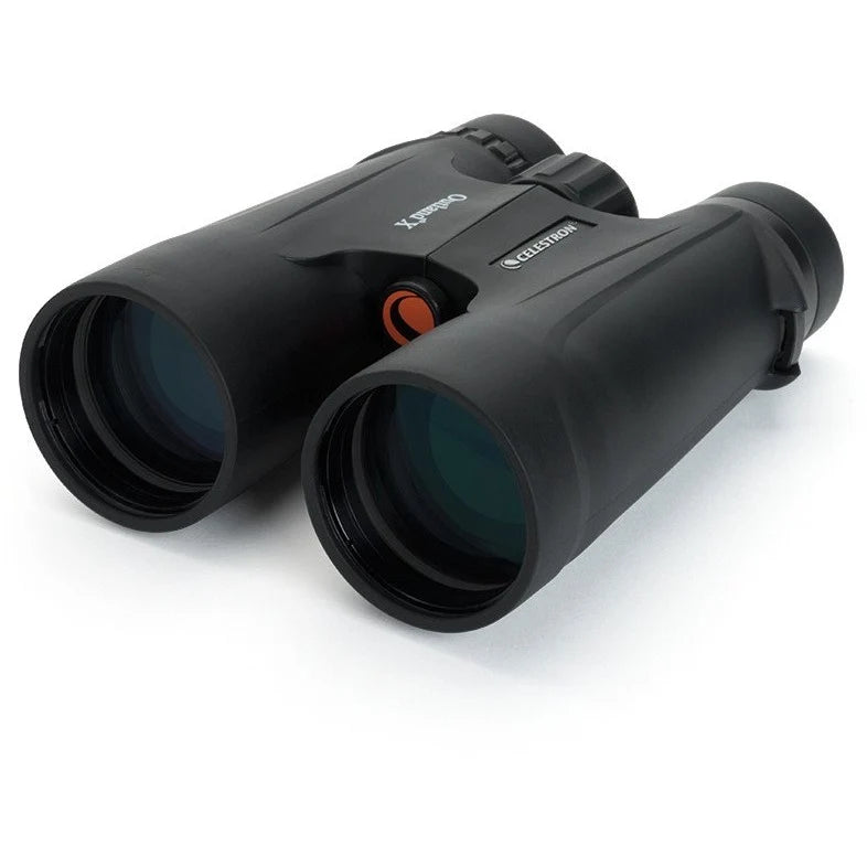 Celestron Outland X 10x50 roof binoculars showing large objective lenses and rugged black body for outdoor viewing.