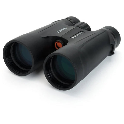 Celestron Outland X 10x50 roof binoculars showing large objective lenses and rugged black body for outdoor viewing.