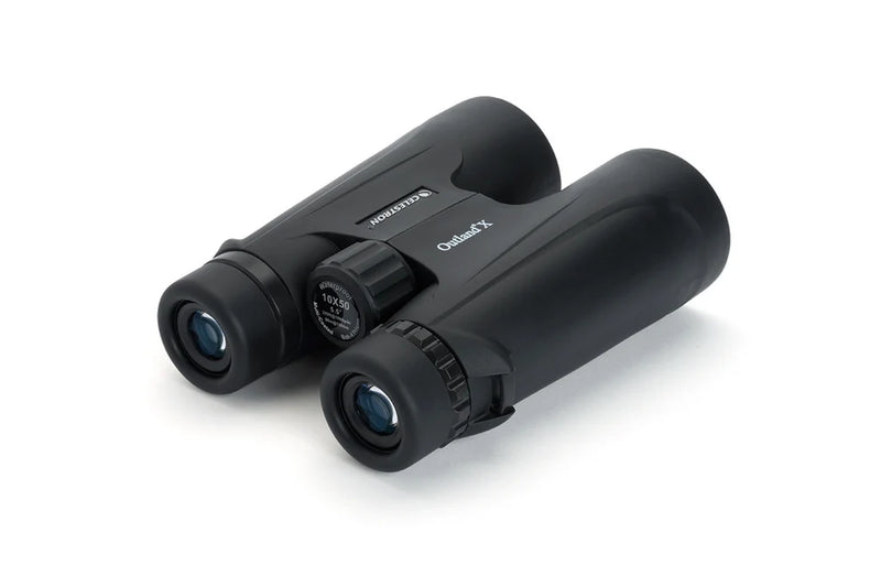 Celestron Outland X 10x50 roof binoculars showing large objective lenses and durable rubber armor for outdoor viewing.