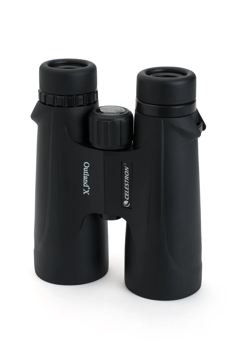 Celestron Outland X 10x50 roof binoculars showing large objective lenses and ergonomic body design.