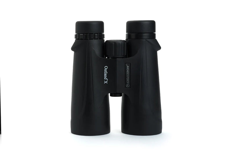 Celestron Outland X 10x50 roof binoculars showing large eyepieces and durable rubber armor for outdoor viewing.