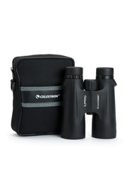 Celestron Outland X 10x50 roof binoculars with large lenses and rubber armor for outdoor birdwatching and wildlife viewing.
