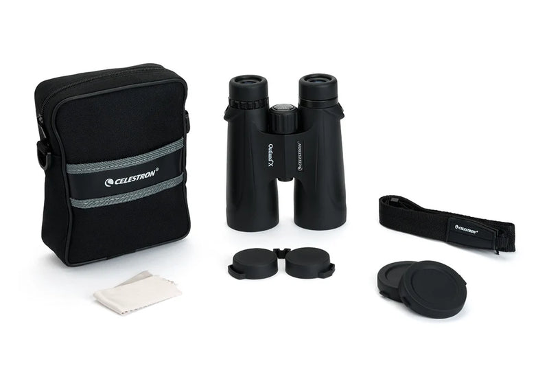 Celestron Outland X 10x50 roof binoculars showing the black rubber-coated body and large objective lenses for outdoor viewing.