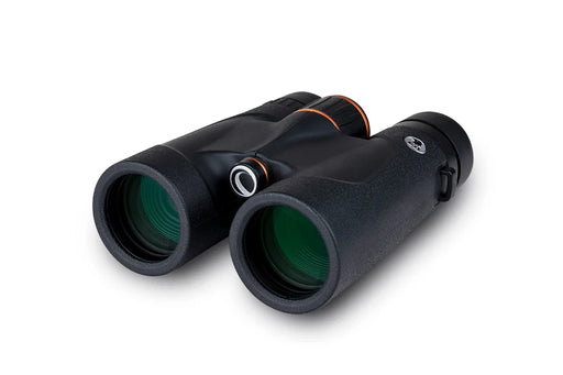 Celestron Regal ED 10x42 roof binoculars with black rubber armor and large objective lenses for enhanced outdoor viewing.