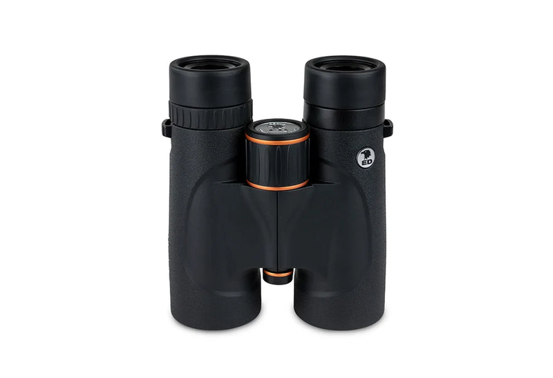 Celestron Regal ED 10x42 roof binoculars showing black body, large eyepieces, and textured grip for outdoor viewing.