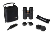 Celestron Regal ED 10x42 roof binoculars with black body, large front lenses, and ergonomic design for outdoor viewing.