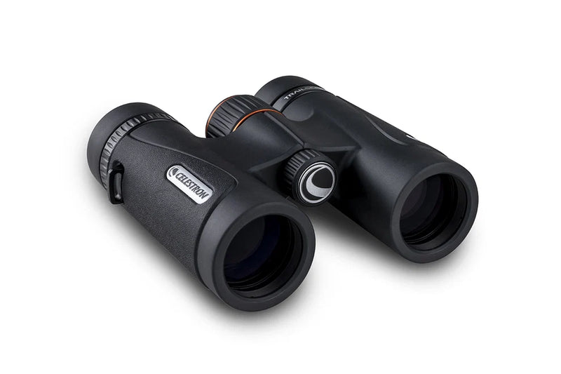 Celestron TrailSeeker ED 8x32 roof binoculars showing the sleek black body and large objective lenses for outdoor wildlife viewing.