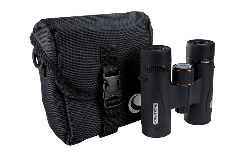 Celestron TrailSeeker ED 8x32 roof binoculars with compact design, adjustable eyepieces, and textured focus ring for outdoor viewing.
