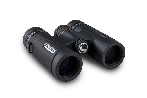 Celestron TrailSeeker ED 10x32 roof binoculars showing close-up of durable black and gray body with adjustable eyepieces.