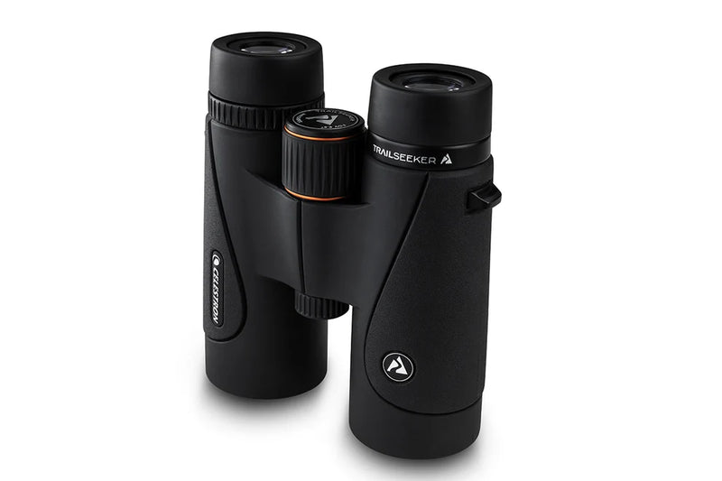 Celestron TrailSeeker 8x42 roof binoculars with black rubberized exterior and large objective lenses for outdoor wildlife viewing