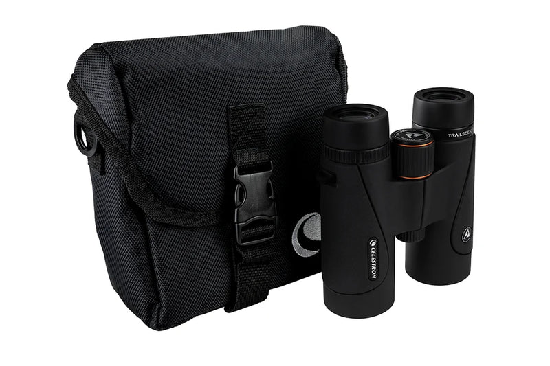 Celestron TrailSeeker 8x42 roof binoculars showing the compact design and textured rubber grip for outdoor wildlife viewing.