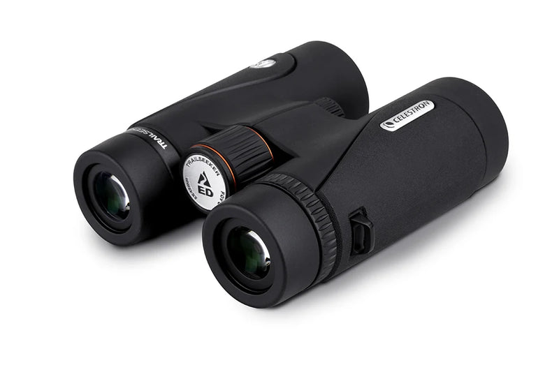 Celestron TrailSeeker ED 8x42 roof binoculars showing the black body, eyepieces, and textured focus wheel.