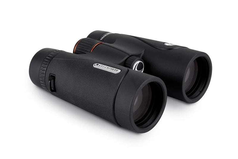Celestron TrailSeeker ED 8x42 roof binoculars showing the black body, eyepieces, and focus wheel for outdoor wildlife viewing.