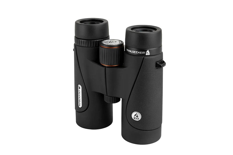 Celestron TrailSeeker ED 8x42 roof binoculars showing the compact design and large objective lenses for outdoor wildlife viewing.