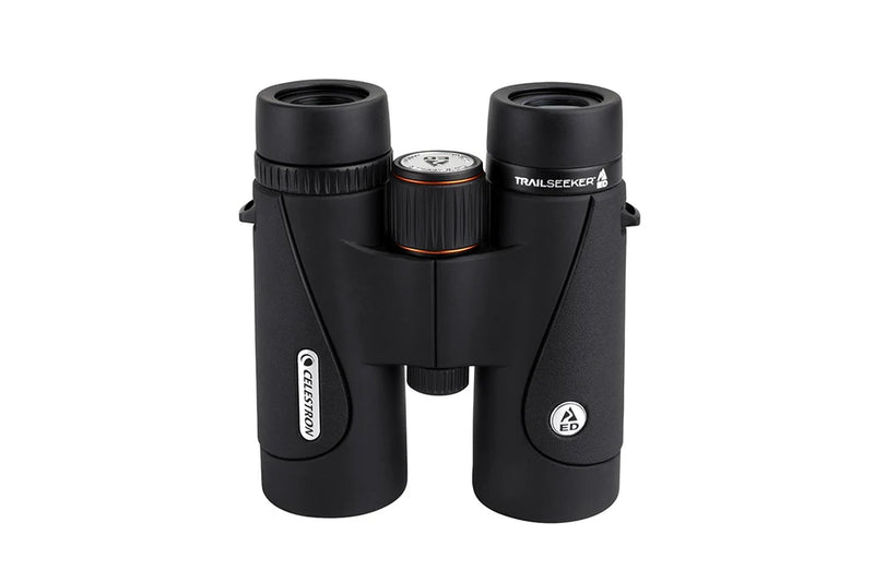 Celestron TrailSeeker ED 8x42 roof binoculars showing the sleek black body and large objective lenses for outdoor viewing