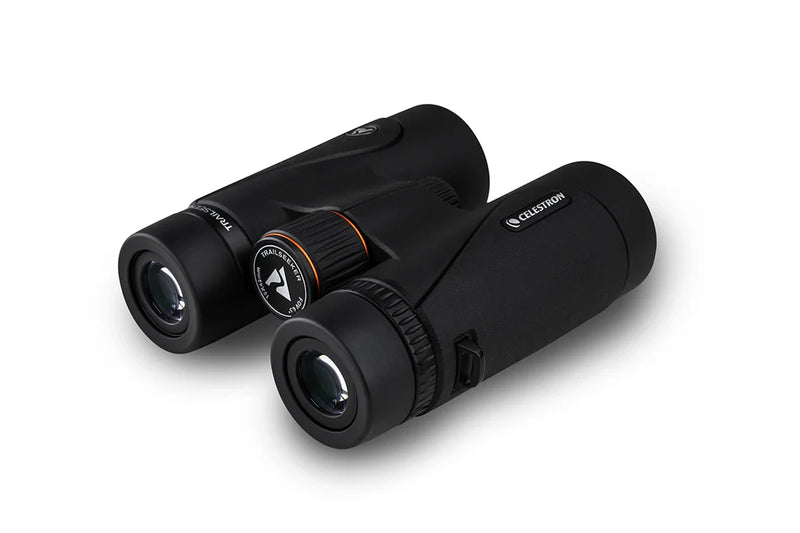 Celestron TrailSeeker 10x42 roof binoculars showing large objective lenses and durable rubber armor for outdoor wildlife viewing.