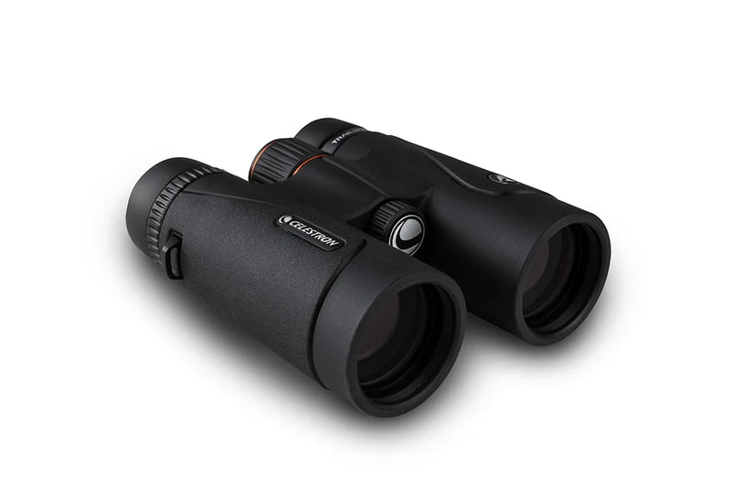 Celestron TrailSeeker 10x42 binoculars shown with black rubberized body and large objective lenses for outdoor wildlife viewing.