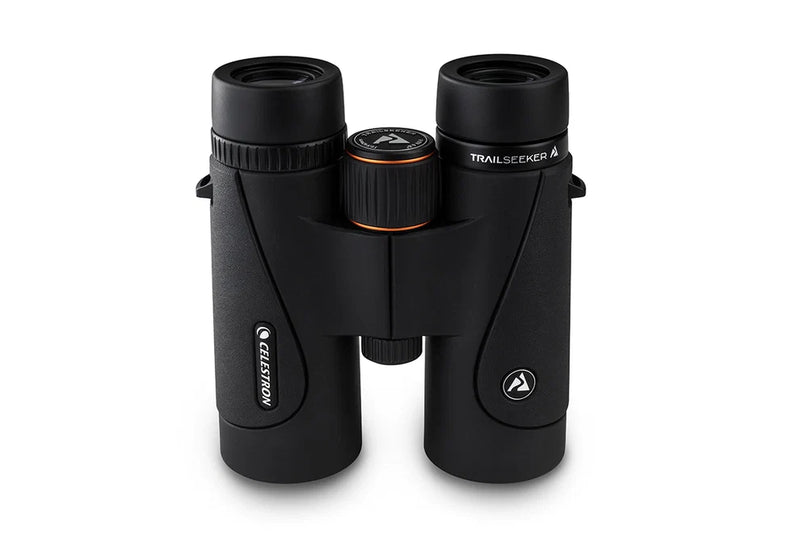 Celestron TrailSeeker 10x42 roof binoculars with black body and textured grip, showing the lenses and eyepieces.