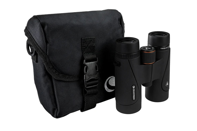 Celestron TrailSeeker 10x42 Roof Binoculars with black body and textured grip, ideal for outdoor wildlife observation.